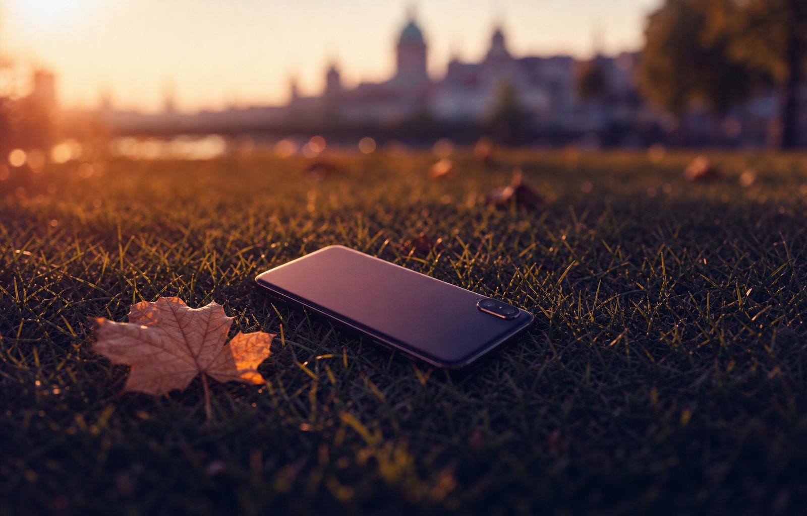 Smartphone displejem dolů v trávě vedle spadlého javorového listu při západu slunce